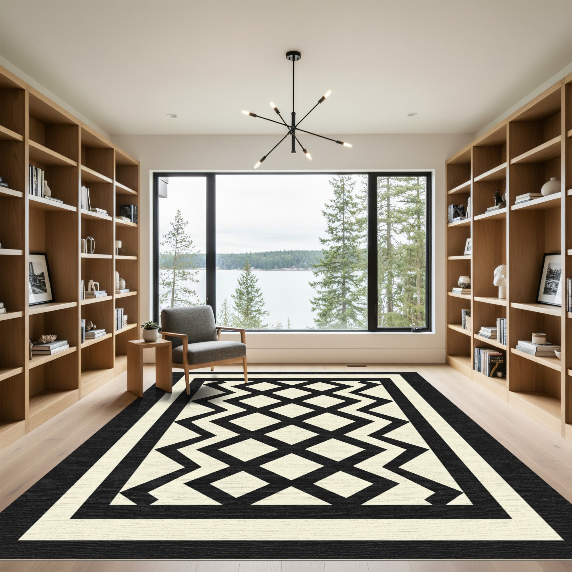 Geometric Black Cream Zigzag Diamonds Rug