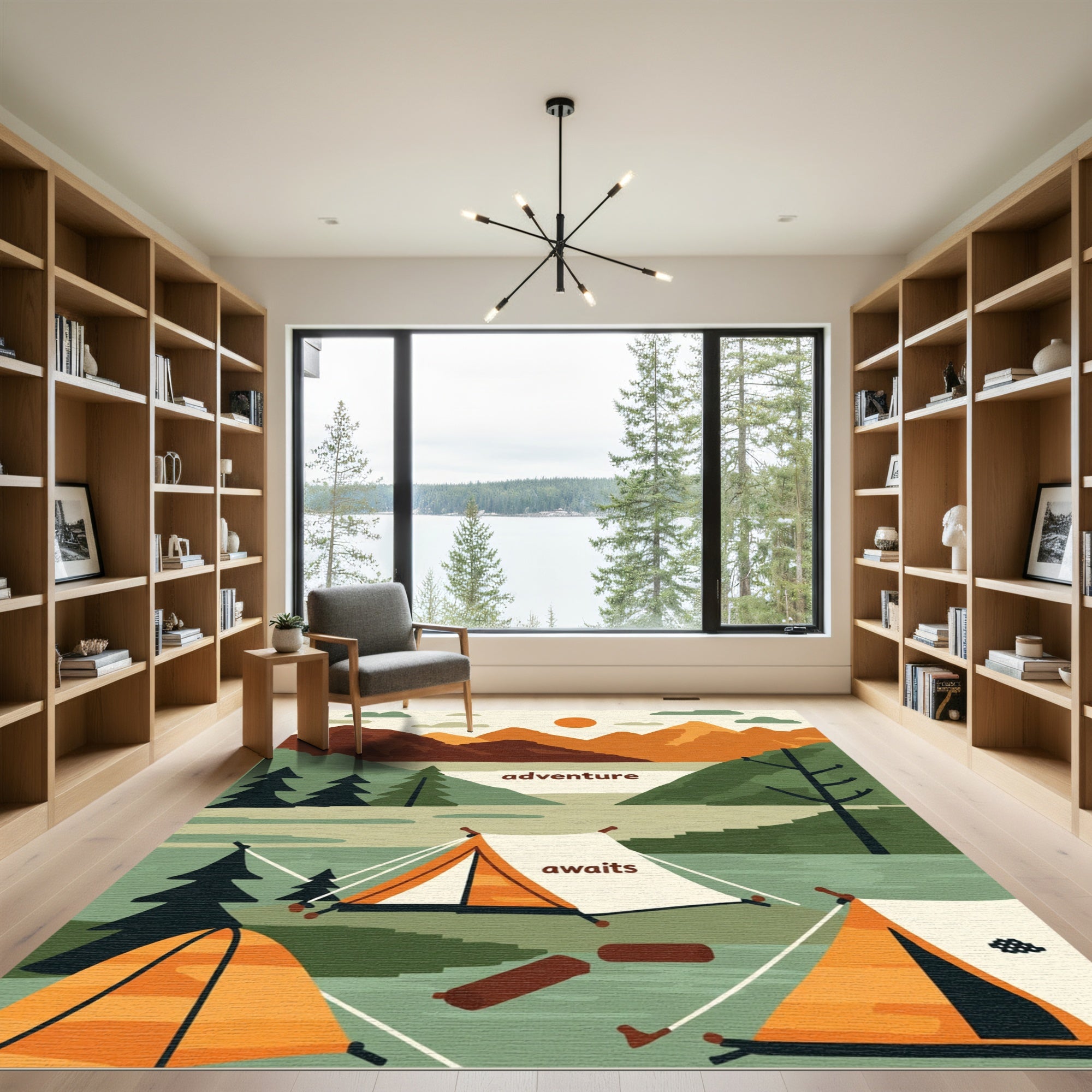 Earthy Mountain Camping Tent Scene Rug