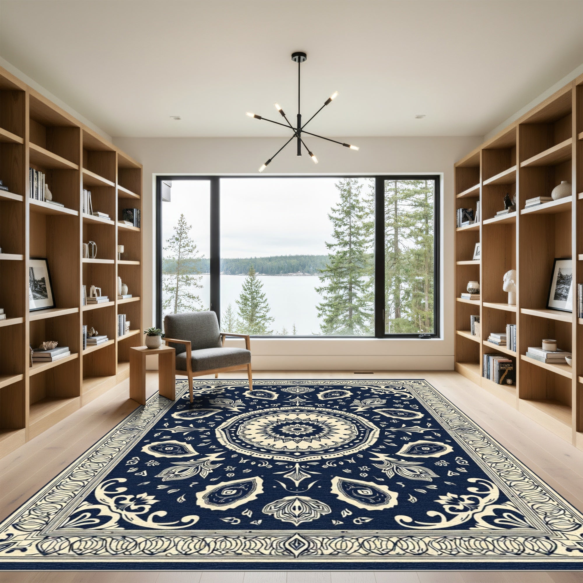 Navy Ivory Medallion Paisley Border Rug