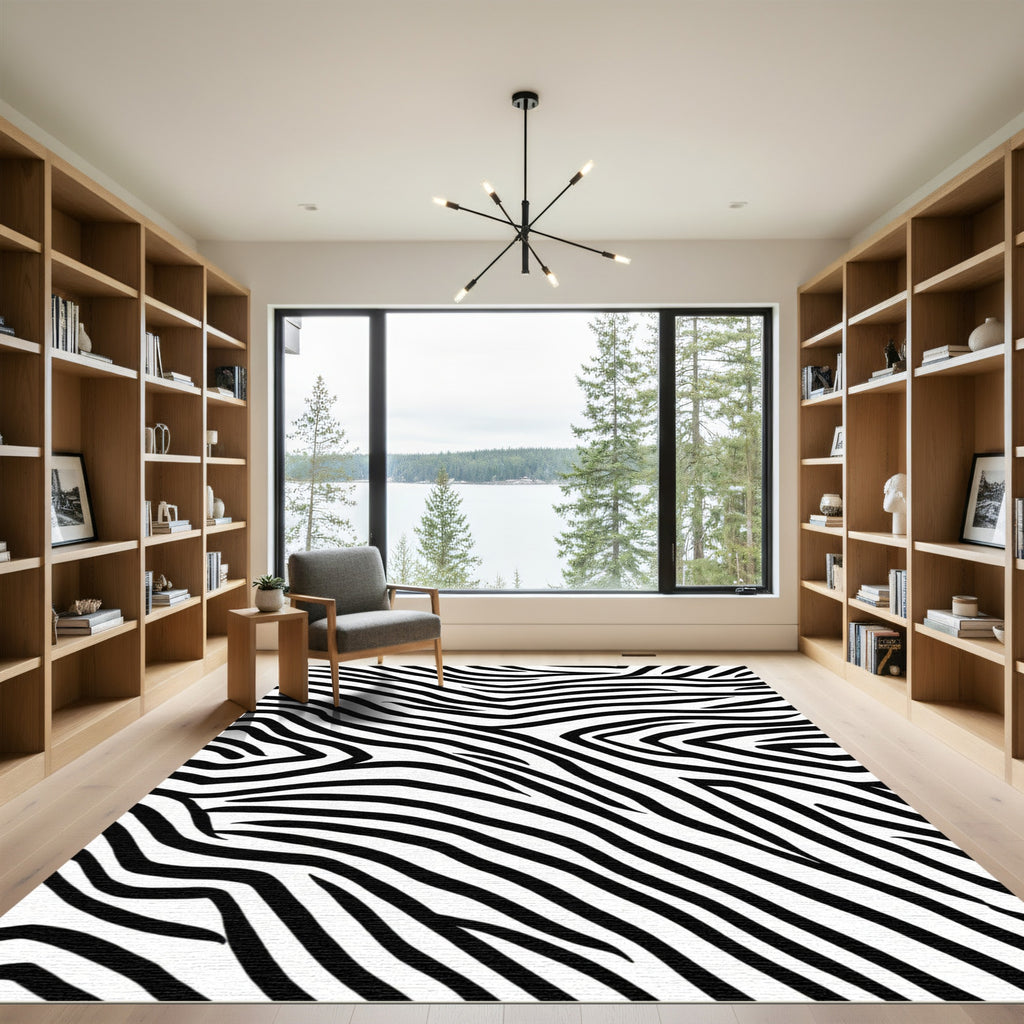Striking Black White Curving Lines Rug