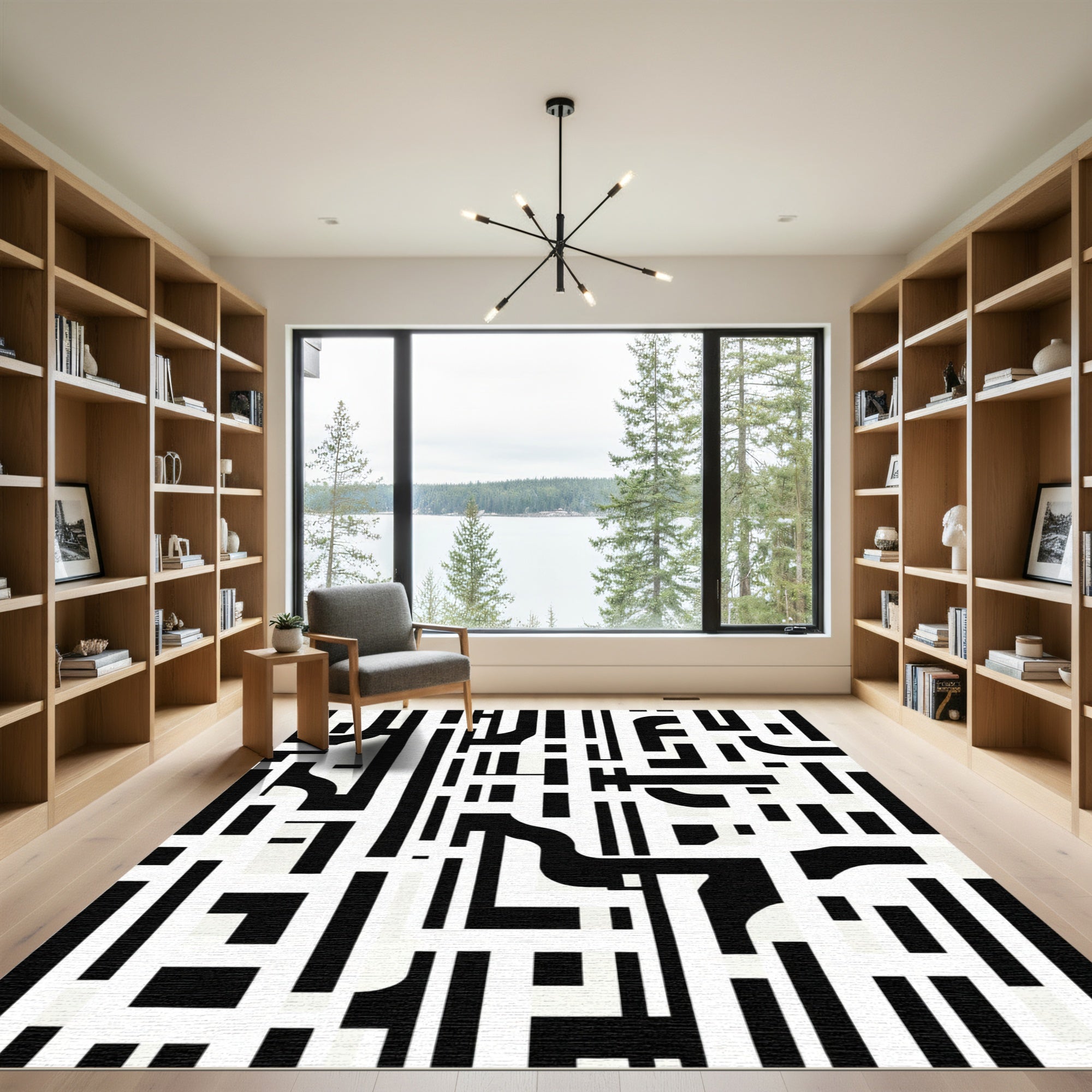 Monochrome Asymmetrical Abstract Lines Rug