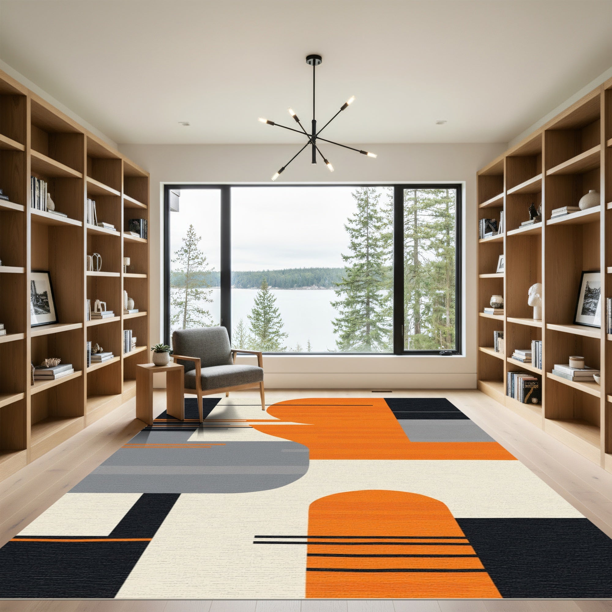 Modern Orange Black Abstract Geometric Blocks Rug
