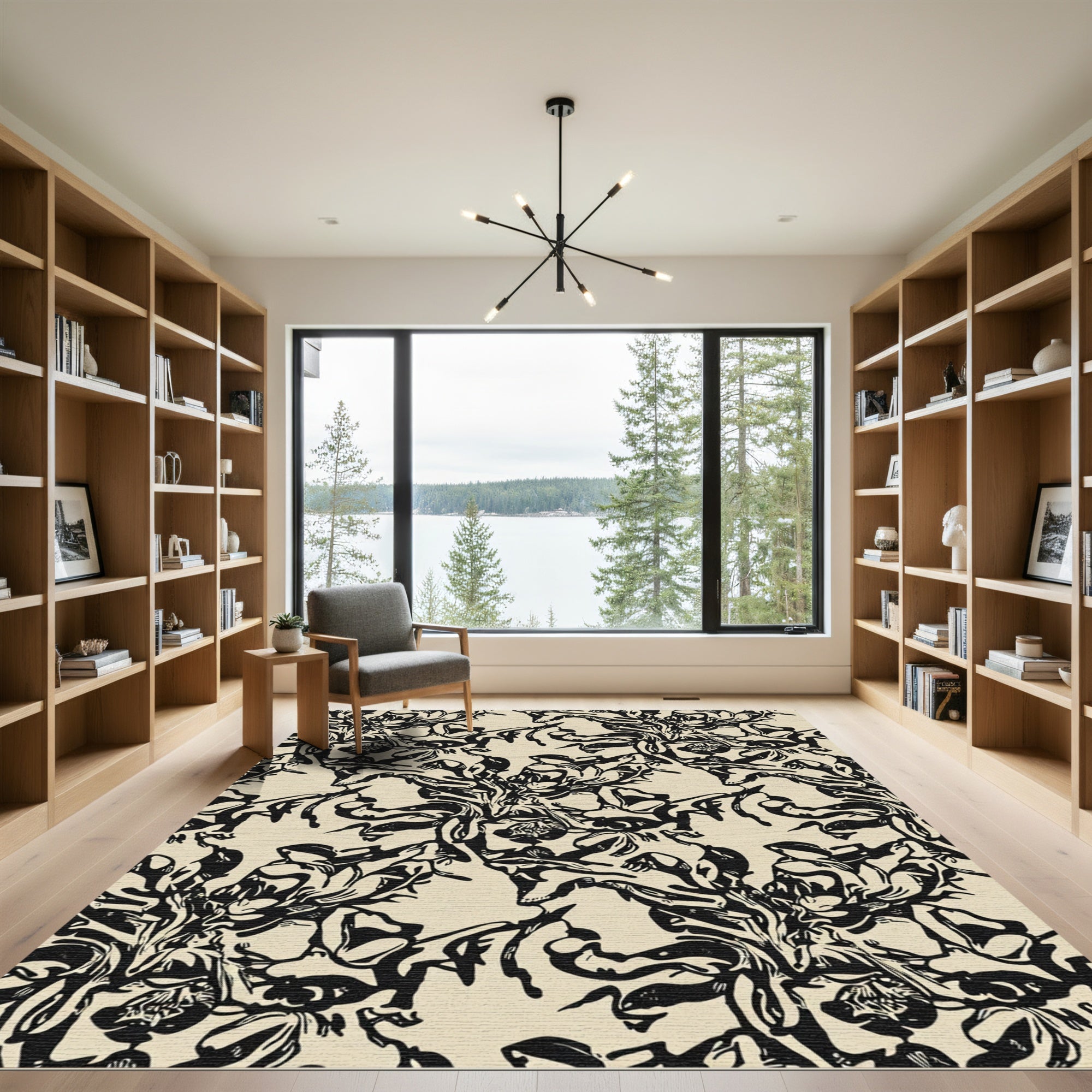 Bold Black Floral Botanical Repeats Rug