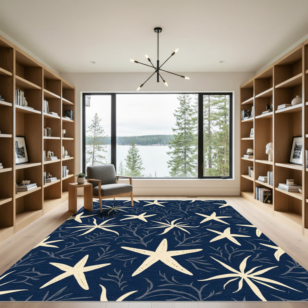 Cream Starfish Upon Navy Coral Rug