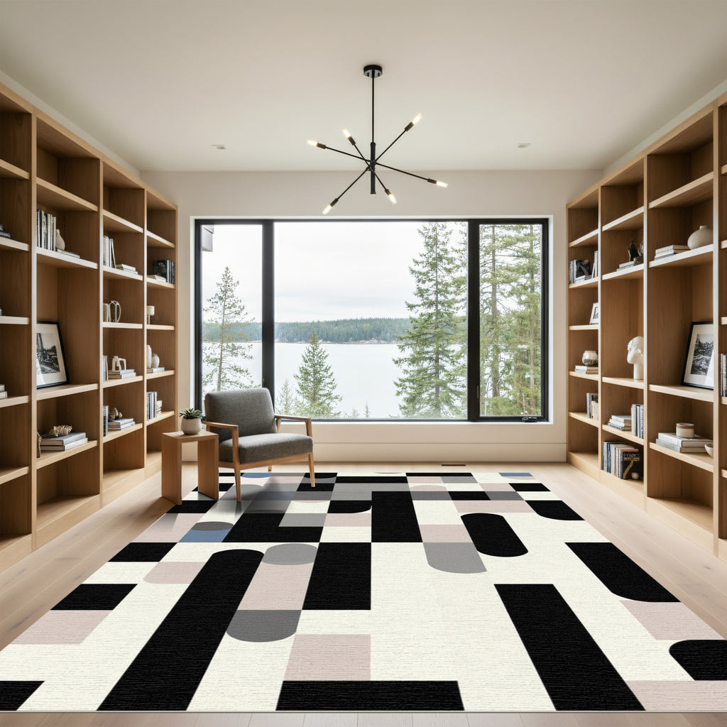 Modern Black Neutral Geometric Abstraction Rug