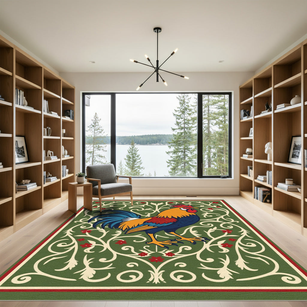 Rooster And Floral Scrollwork Rug