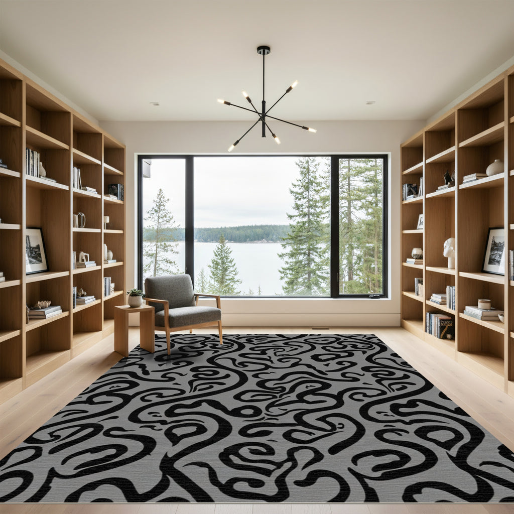 Monochrome Abstract Swirl Flow Rug