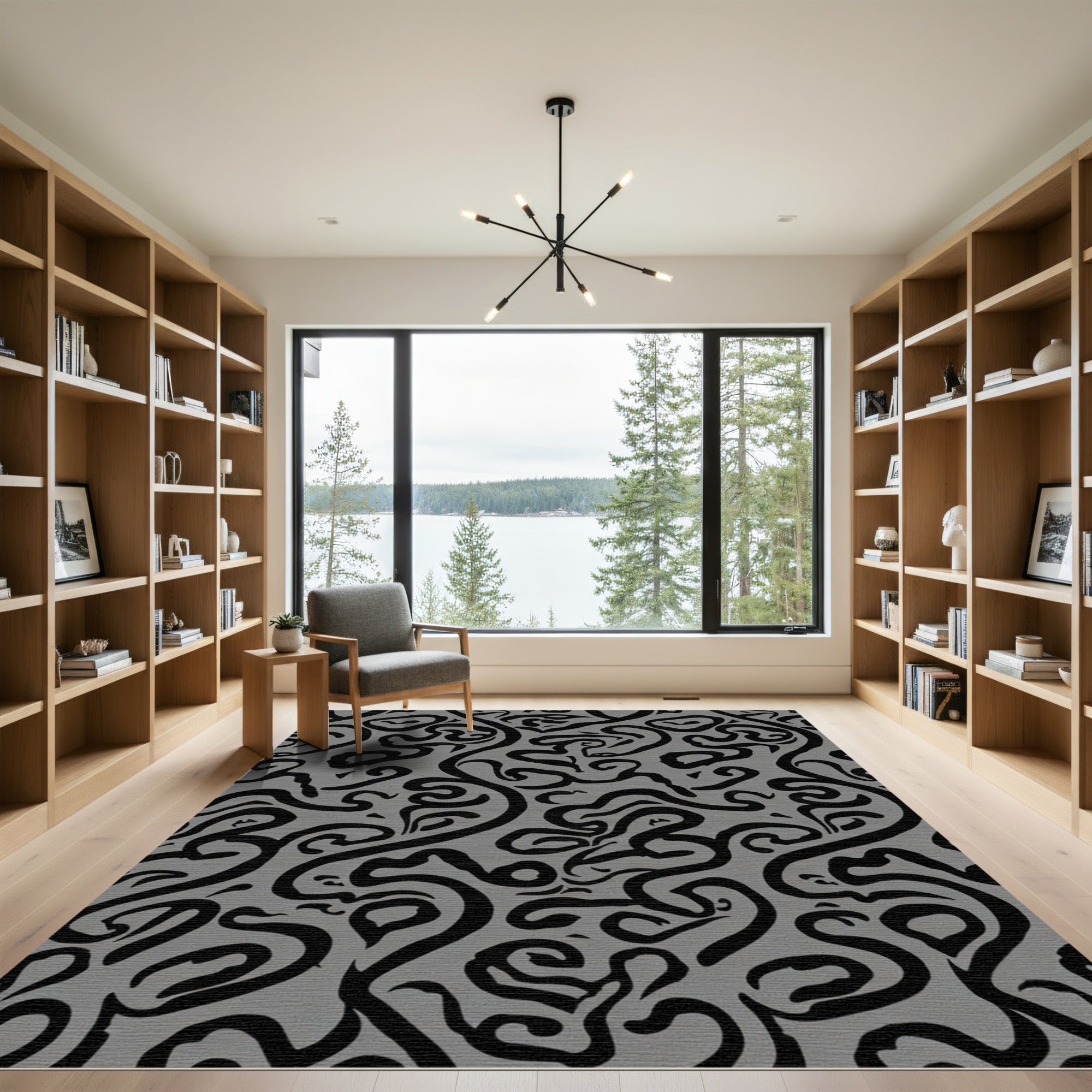 Monochrome Abstract Swirl Flow Rug