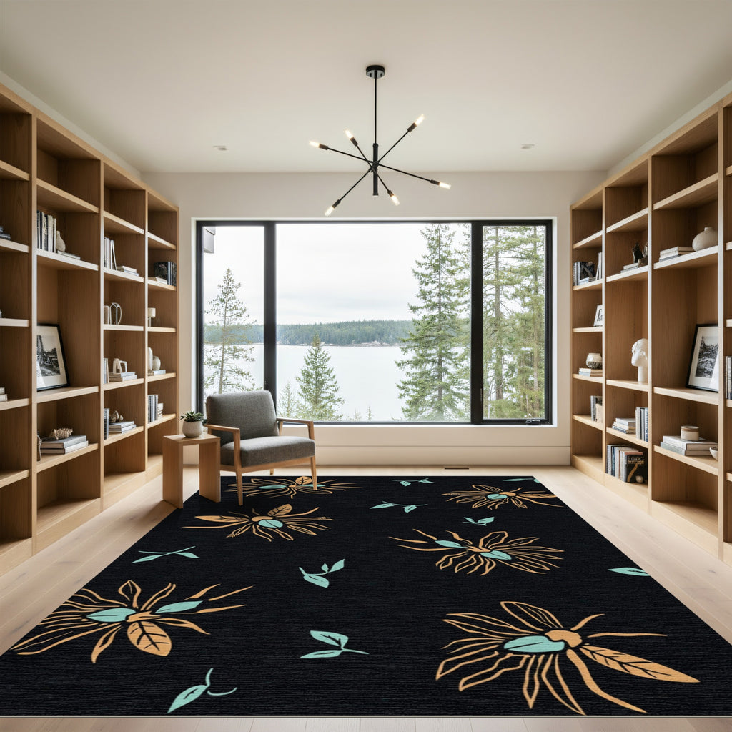 Orange Teal Floral Outline on Black Rug