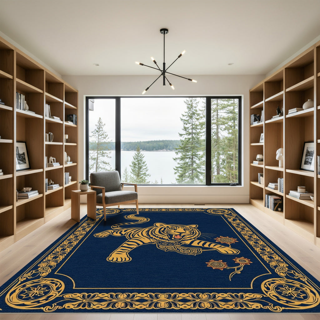 Golden Tiger In Navy Ornate Frame Rug