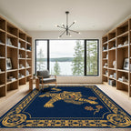 Golden Tiger In Navy Ornate Frame Rug