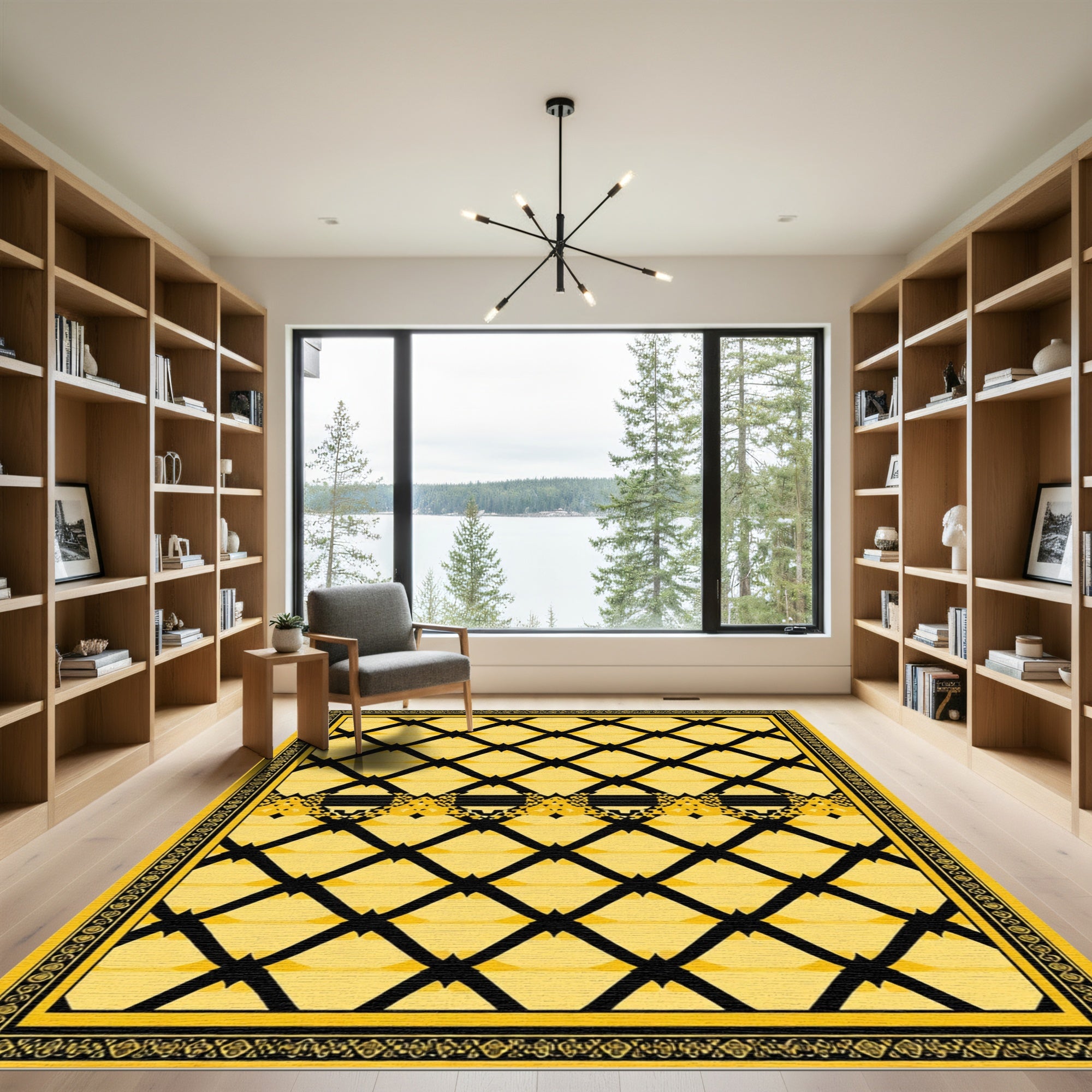 Bold Yellow Black Diamond Border Rug