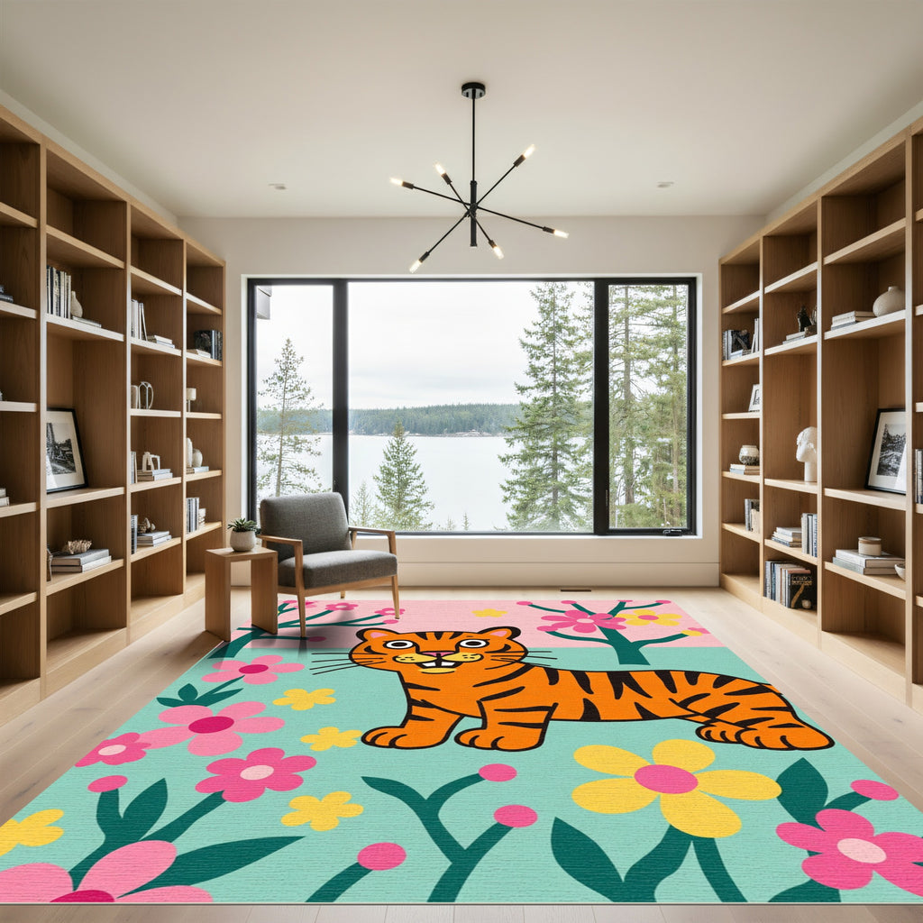 Playful Orange Tiger Floral Garden Rug