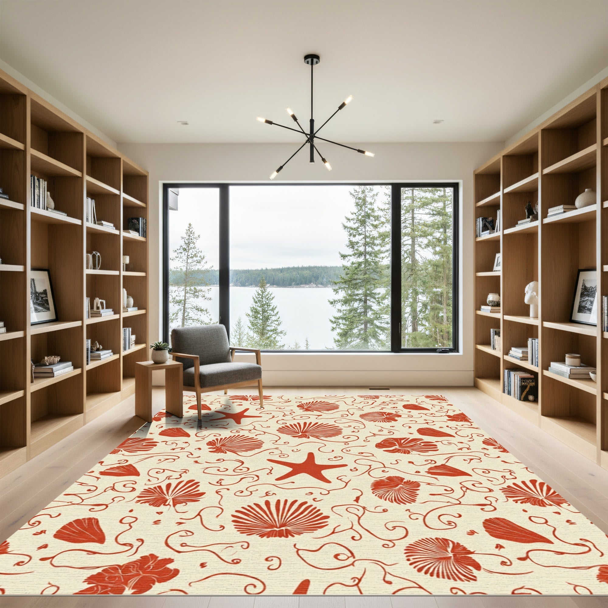 Coastal Red Seashell Starfish Swirls Rug