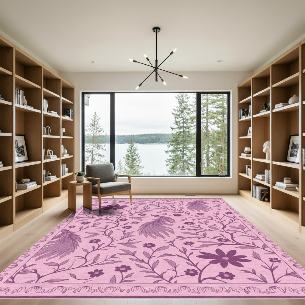 Fuchsia Peacock Floral Vine Border Rug