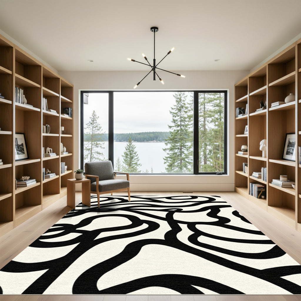 Bold Black Abstract Swirl Rug