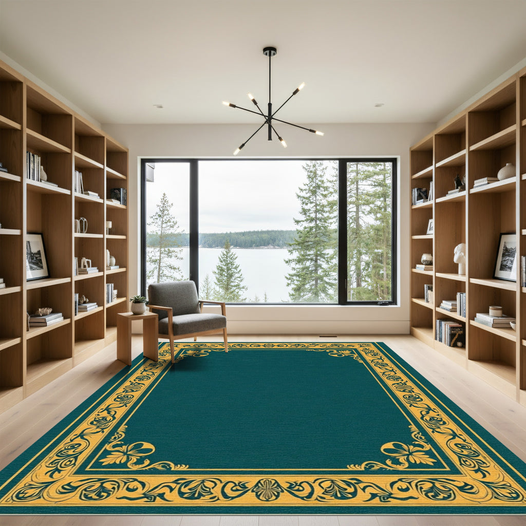Teal Gold Ornate Floral Border Rug