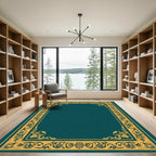 Teal Gold Ornate Floral Border Rug