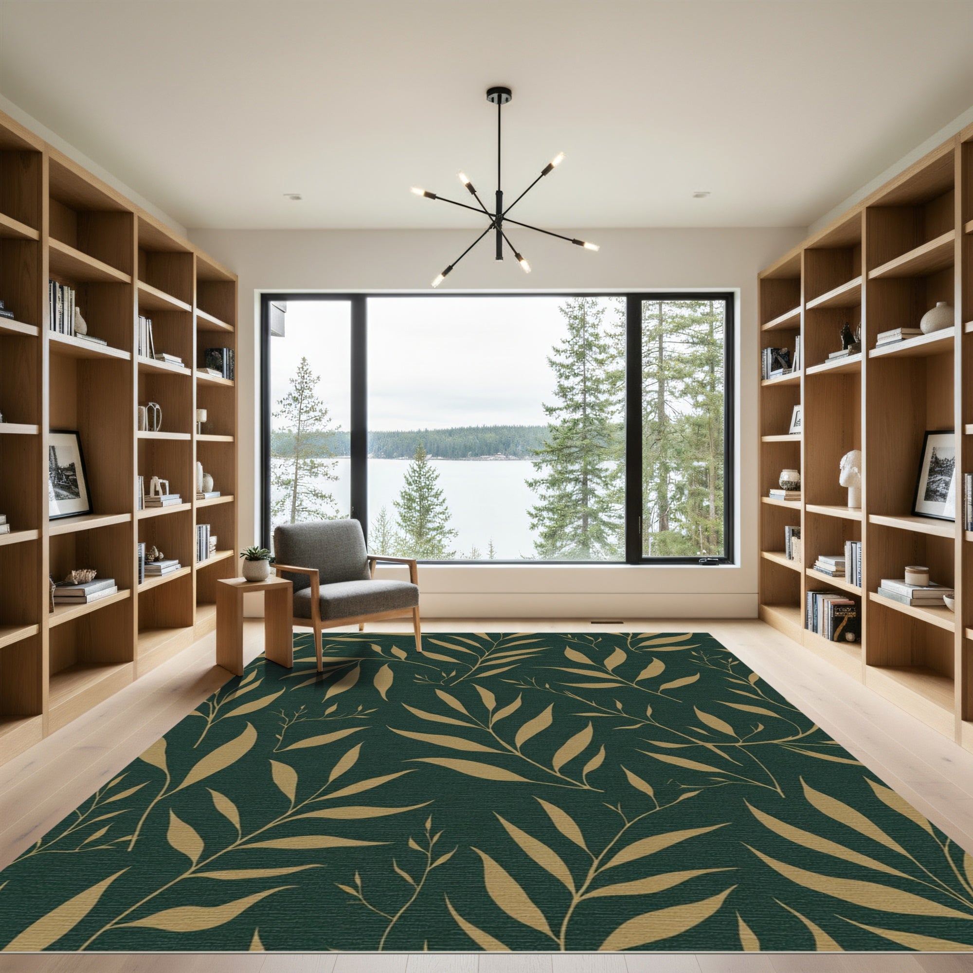 Elegant Gold Leaf Branches Emerald Rug