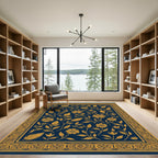 Navy Gold Floral Vine Border Rug