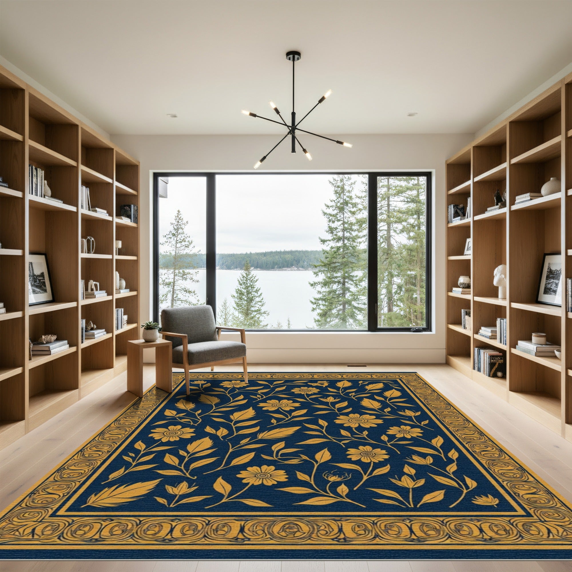 Navy Gold Floral Vine Border Rug