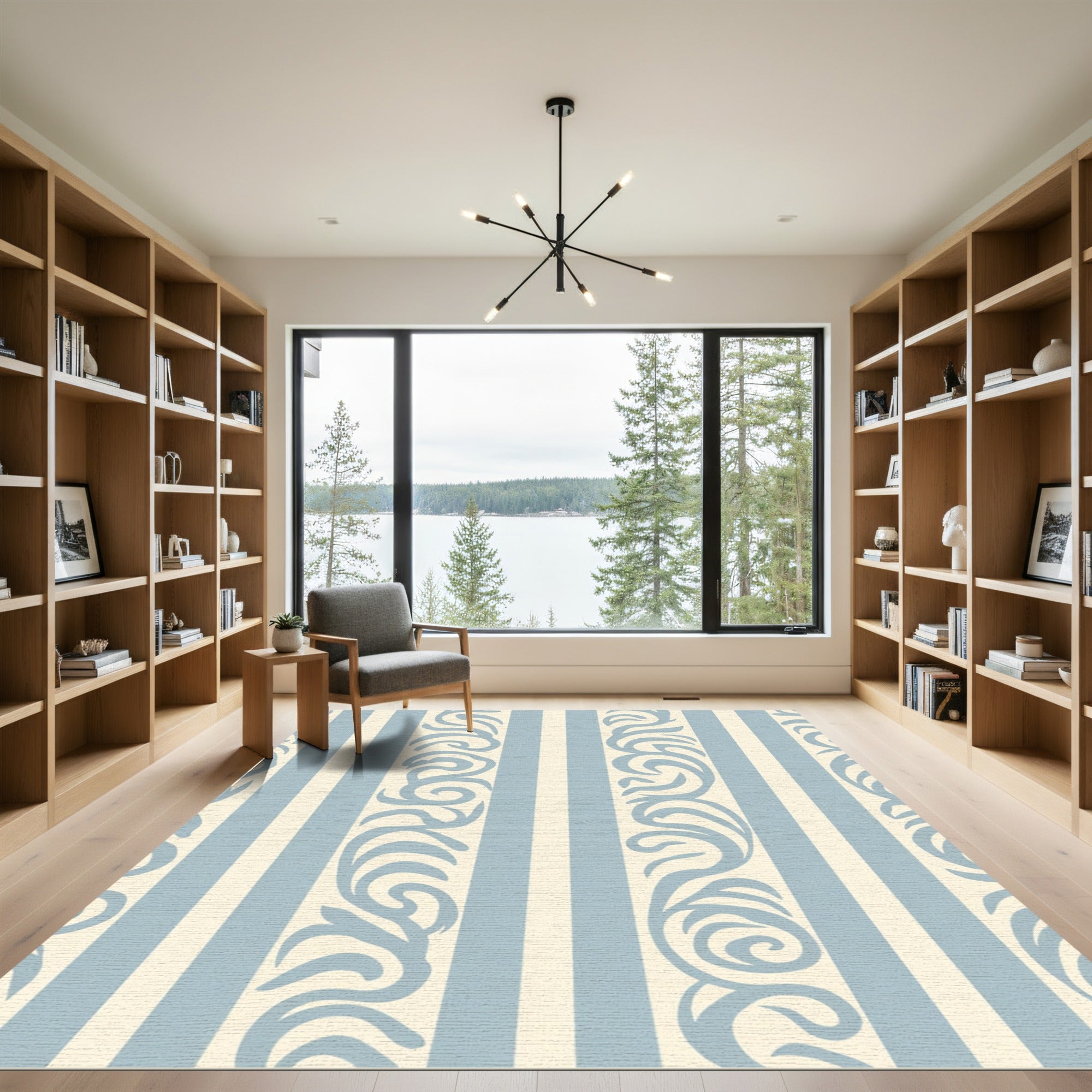 Soft Blue Stripe Scroll Rug