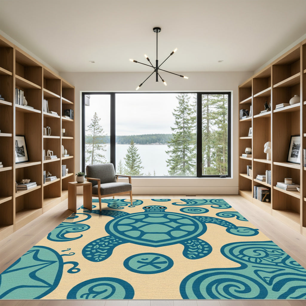Coastal Turquoise Turtle Tribal Waves Rug
