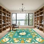 Teal Golden Floral Birds Medallion Rug