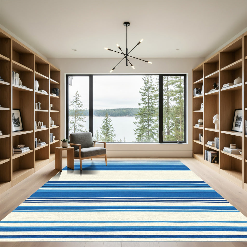 Vibrant Blue Cream Horizontal Stripe Rug