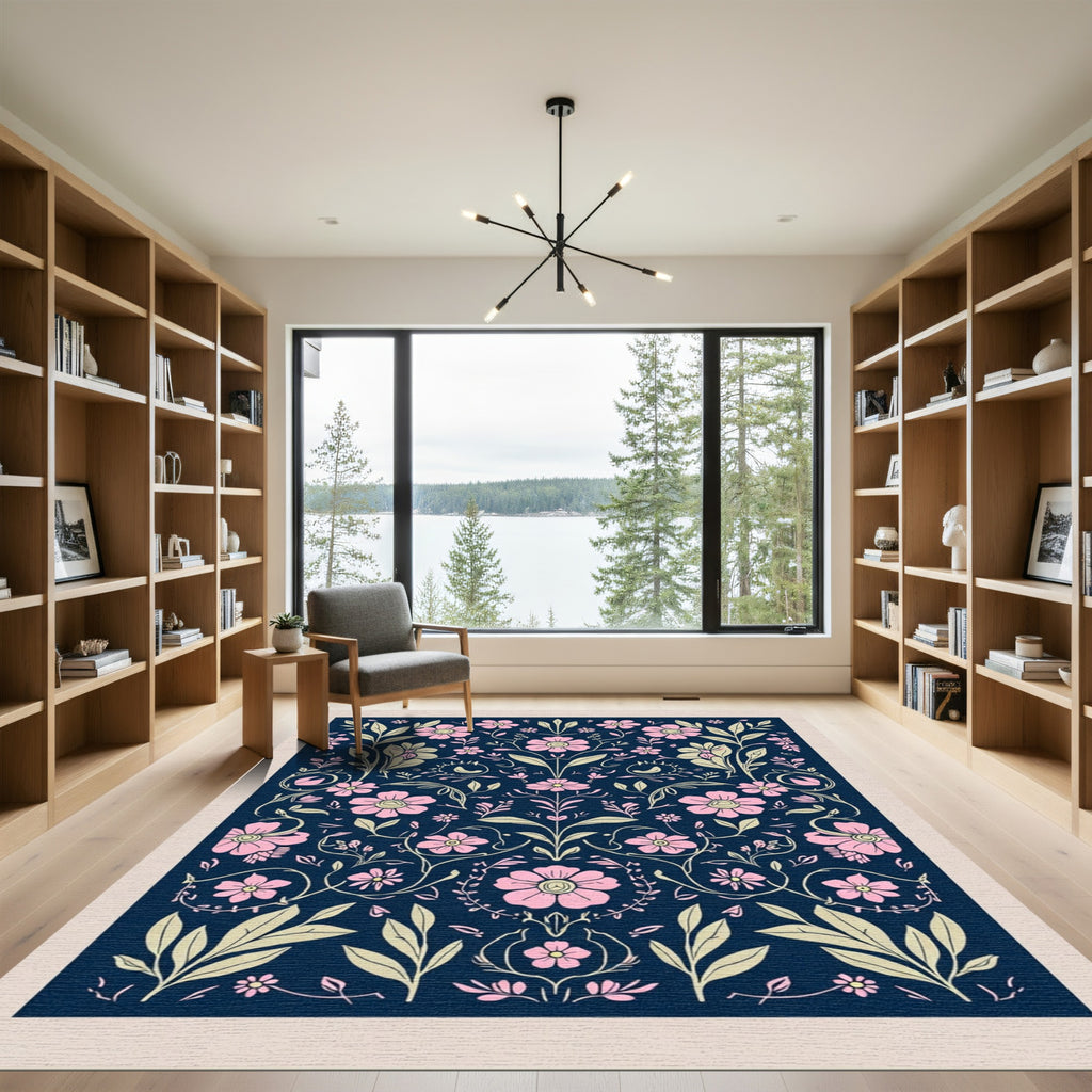 Pink Floral Vines Navy Background Rug