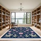 Pink Floral Vines Navy Background Rug