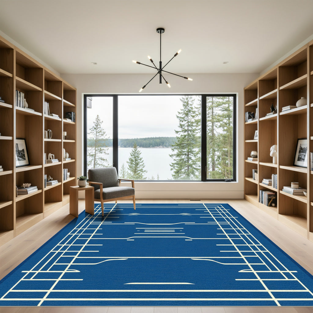 Blue White Geometric Linear Construction Rug