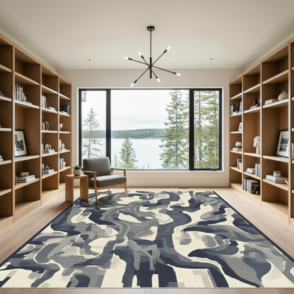 Abstract Dark Gray Swirls Cream Rug