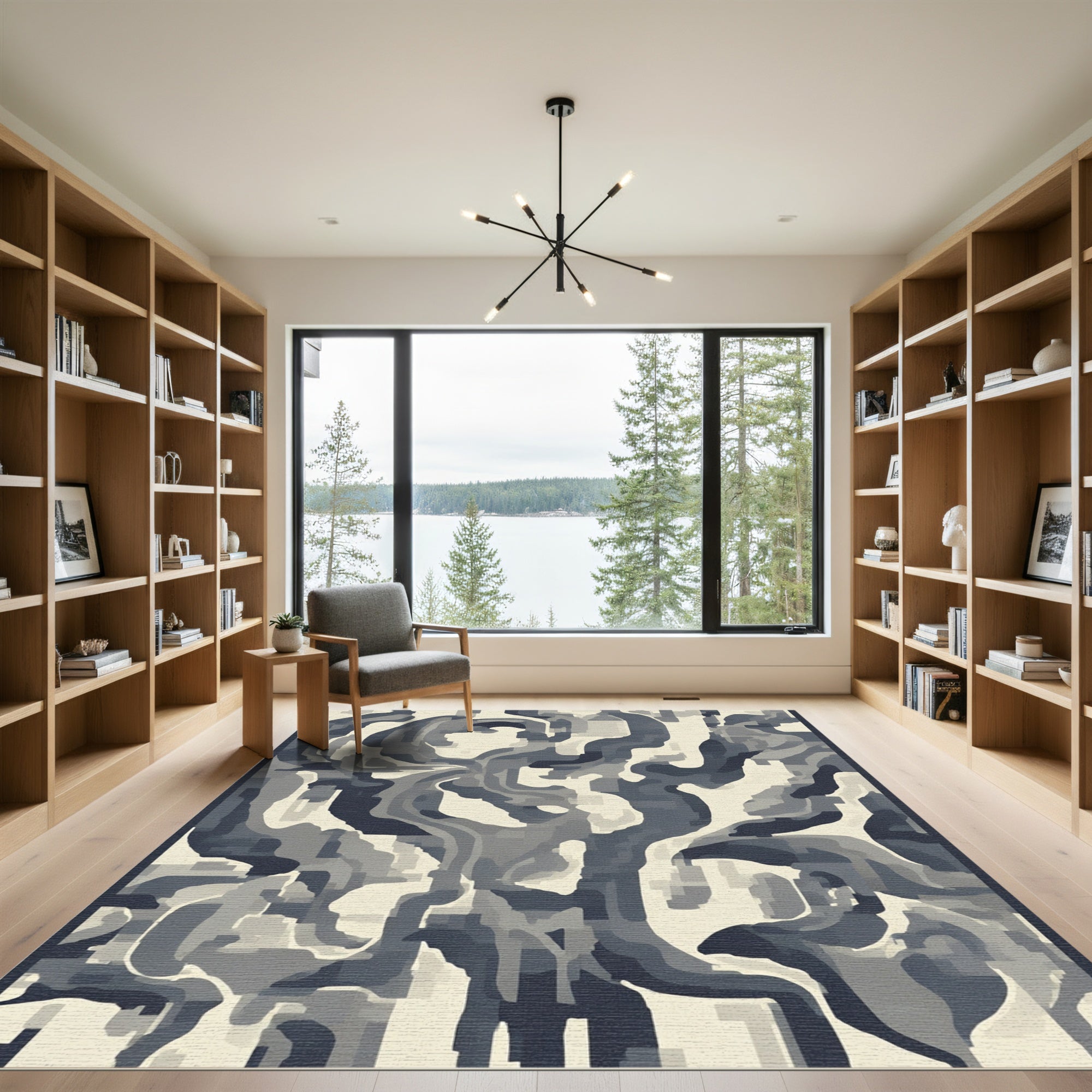 Abstract Dark Gray Swirls Cream Rug