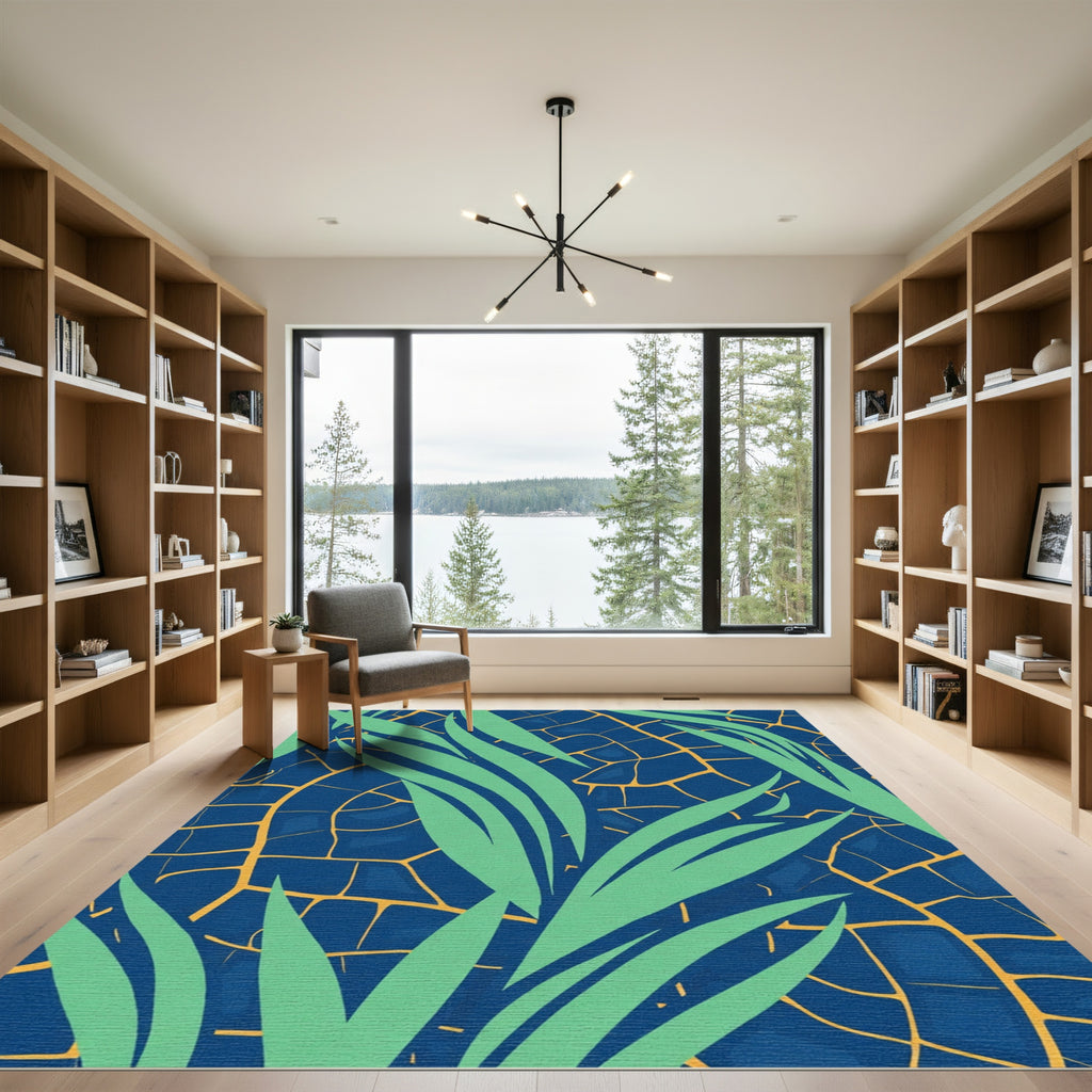 Deep Blue Tropical Leaf Abstract Rug