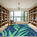 Deep Blue Tropical Leaf Abstract Rug