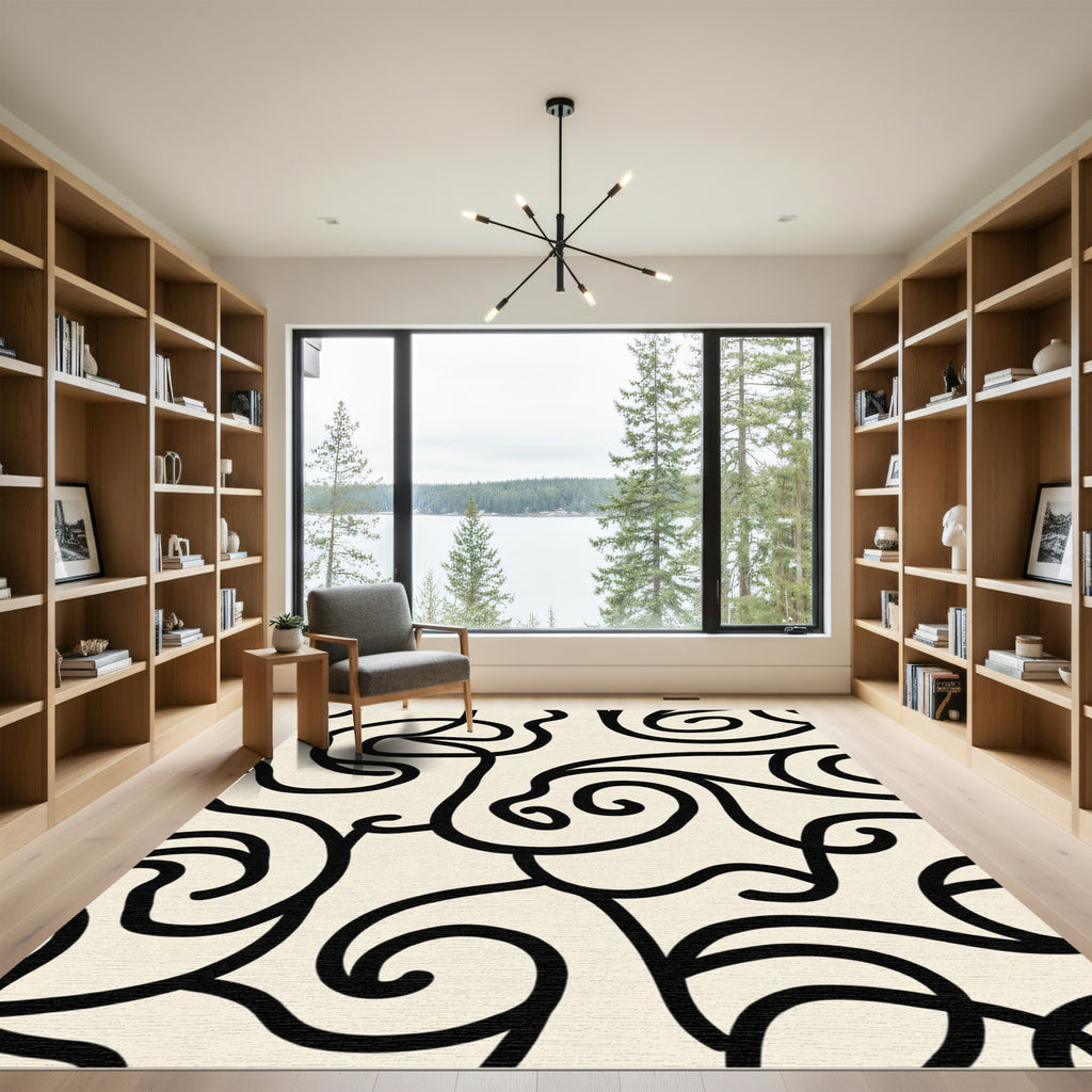 Cream Black Swirl Abstract Continuous Line Rug