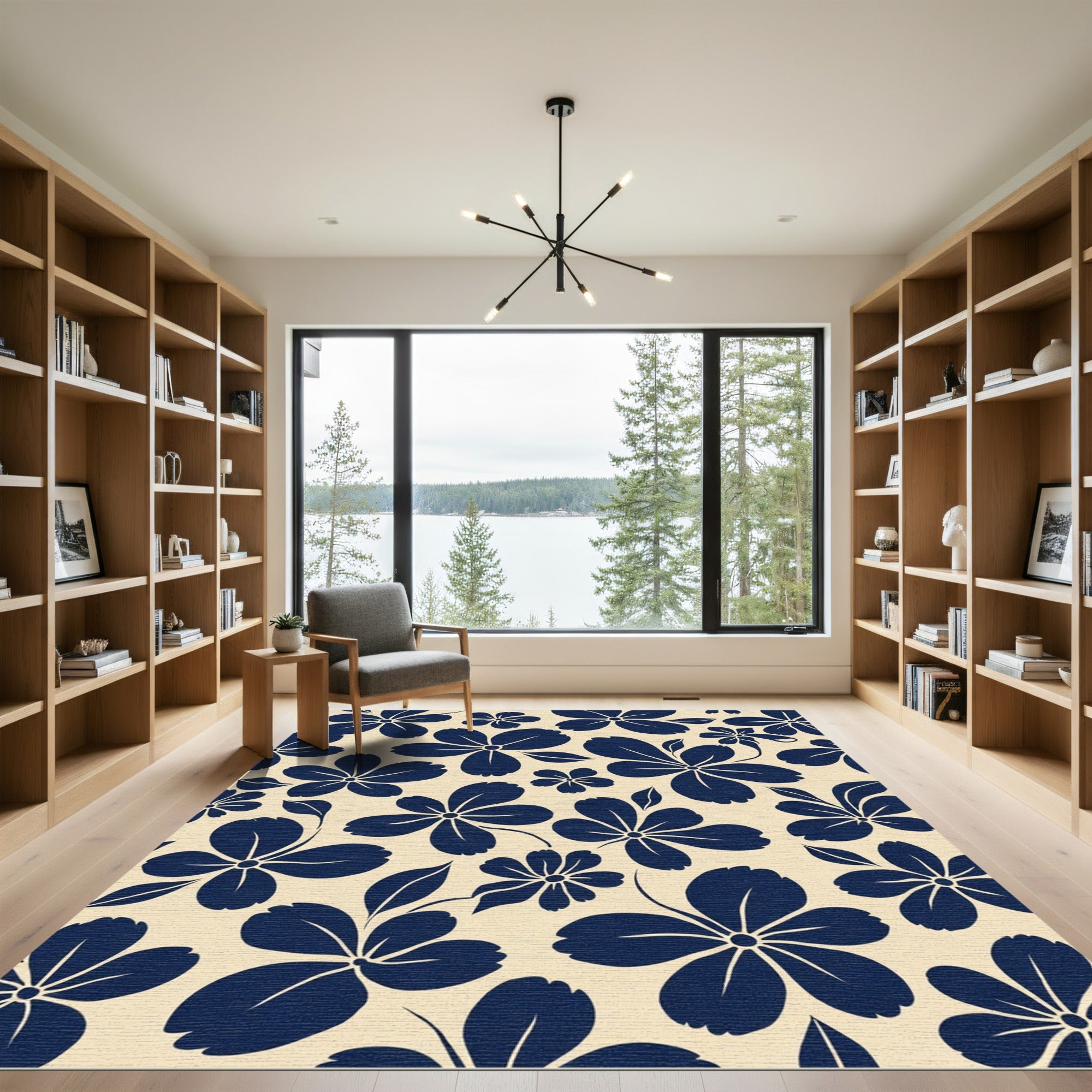 Navy Blue Floral Blossom Repeats Rug