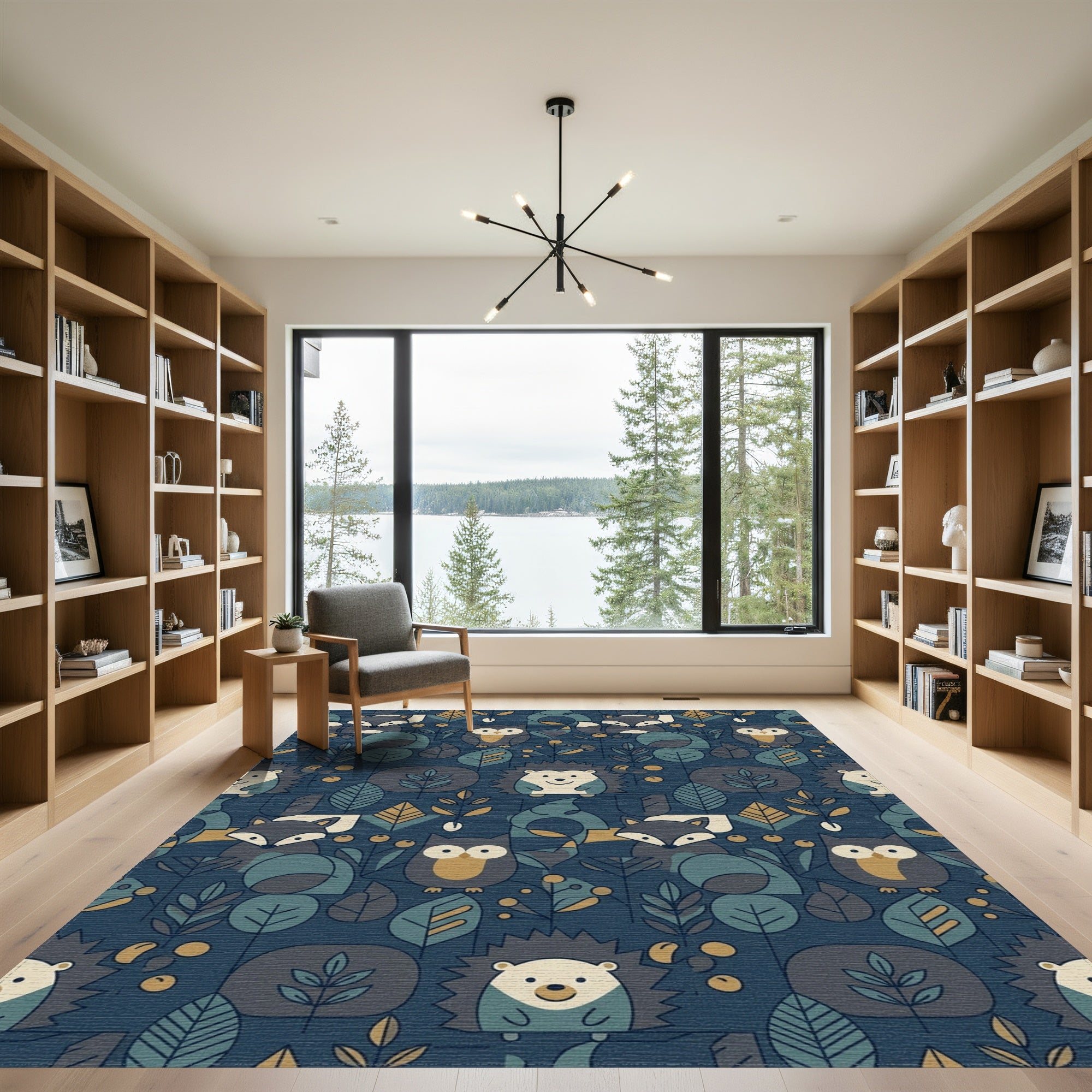 Woodland Creatures Navy Forest Scene Rug