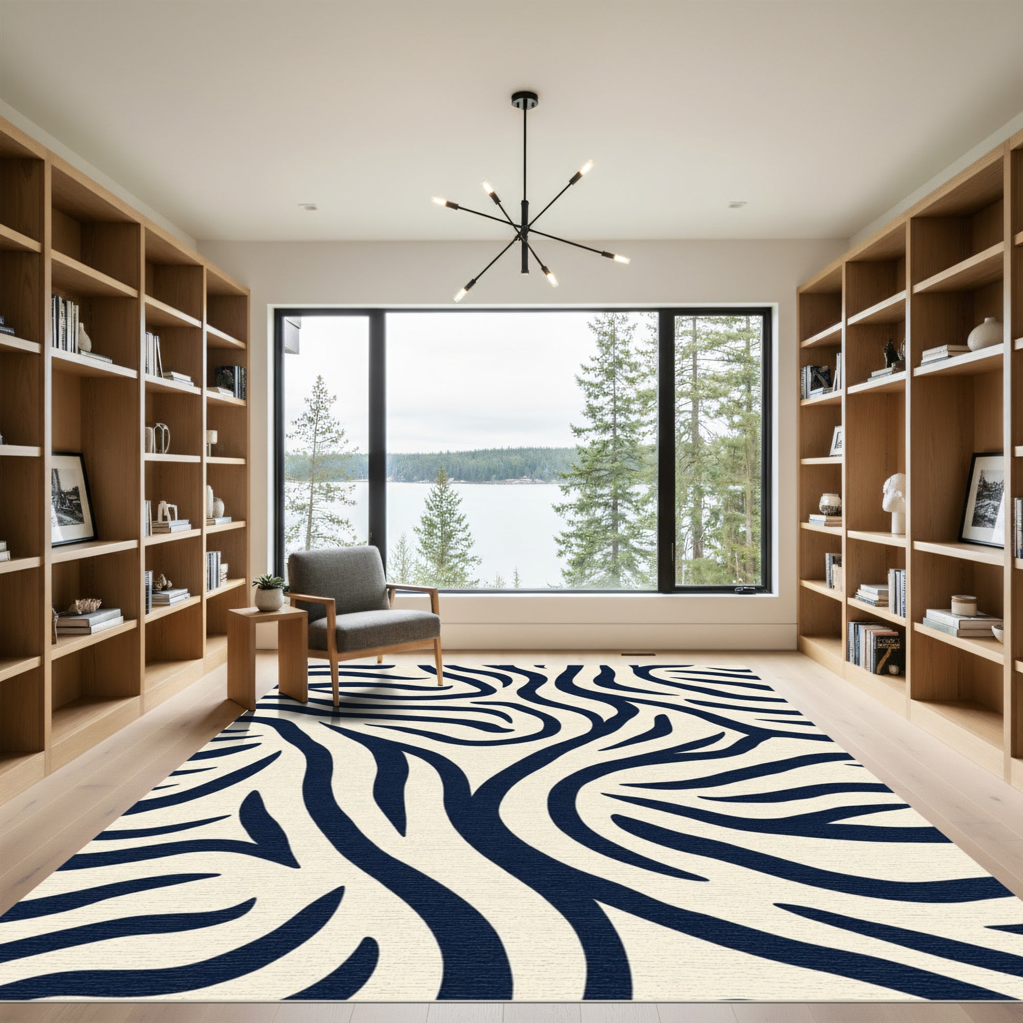 Navy Tan Animal Print Lines Rug