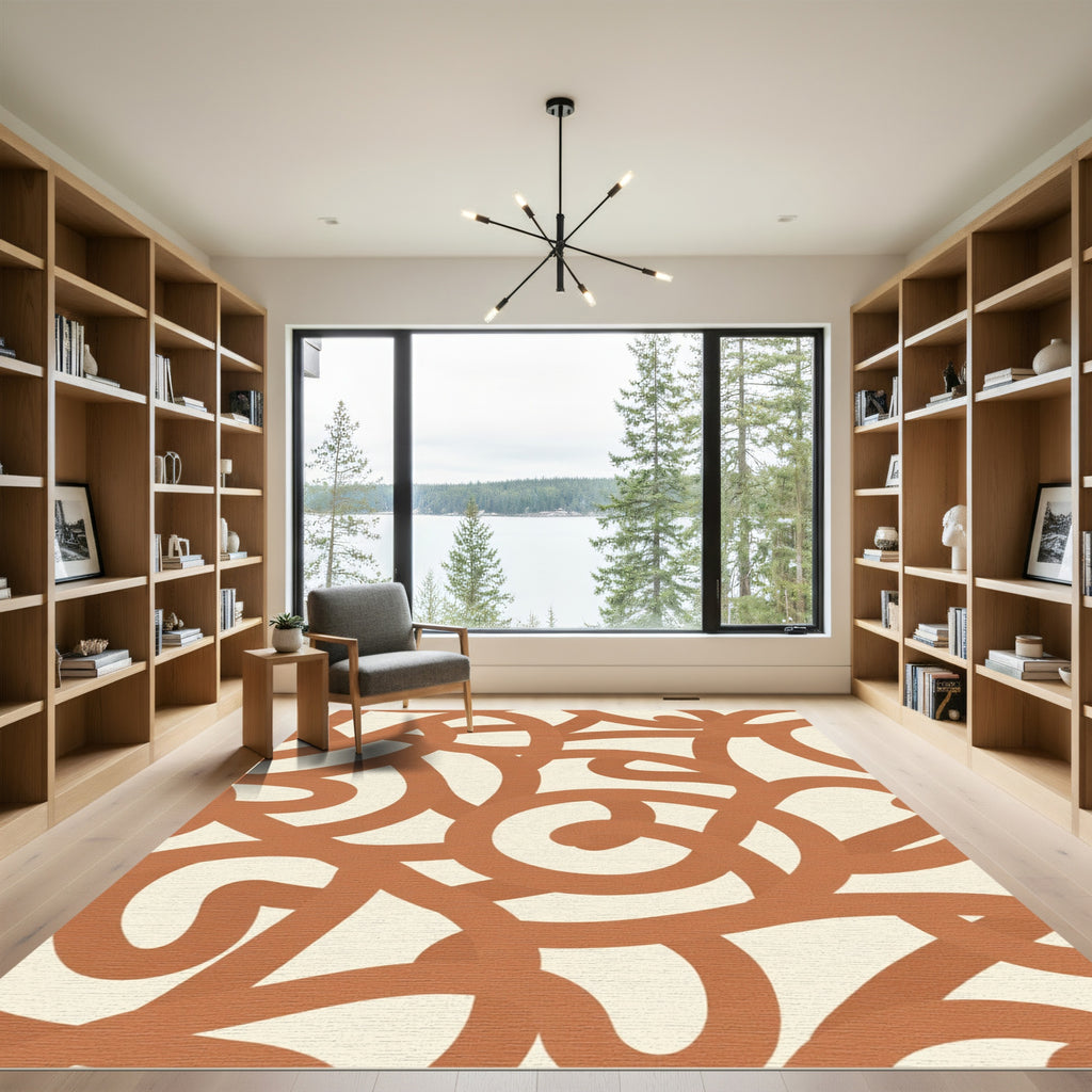 Terracotta Swirl Abstract Line Art Rug