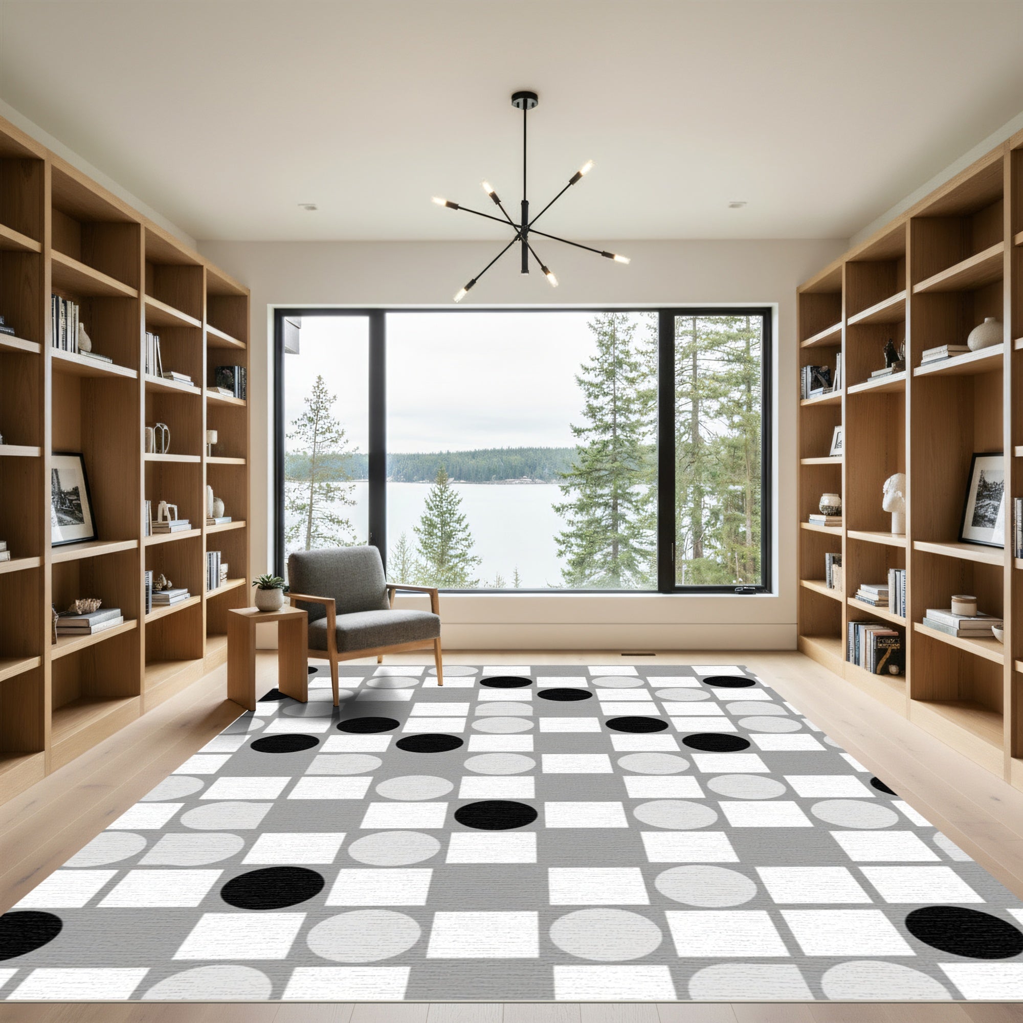 Modern Black White Geometric Circles Rug