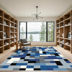 Cool Blue Abstract Geometric Blocks Rug