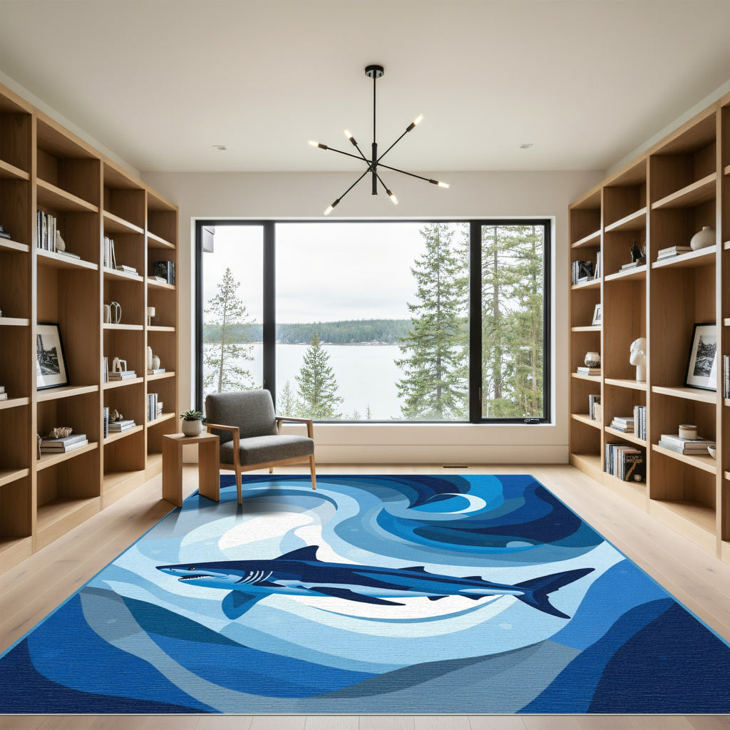 Deep Blue Shark In Swirling Ocean Rug