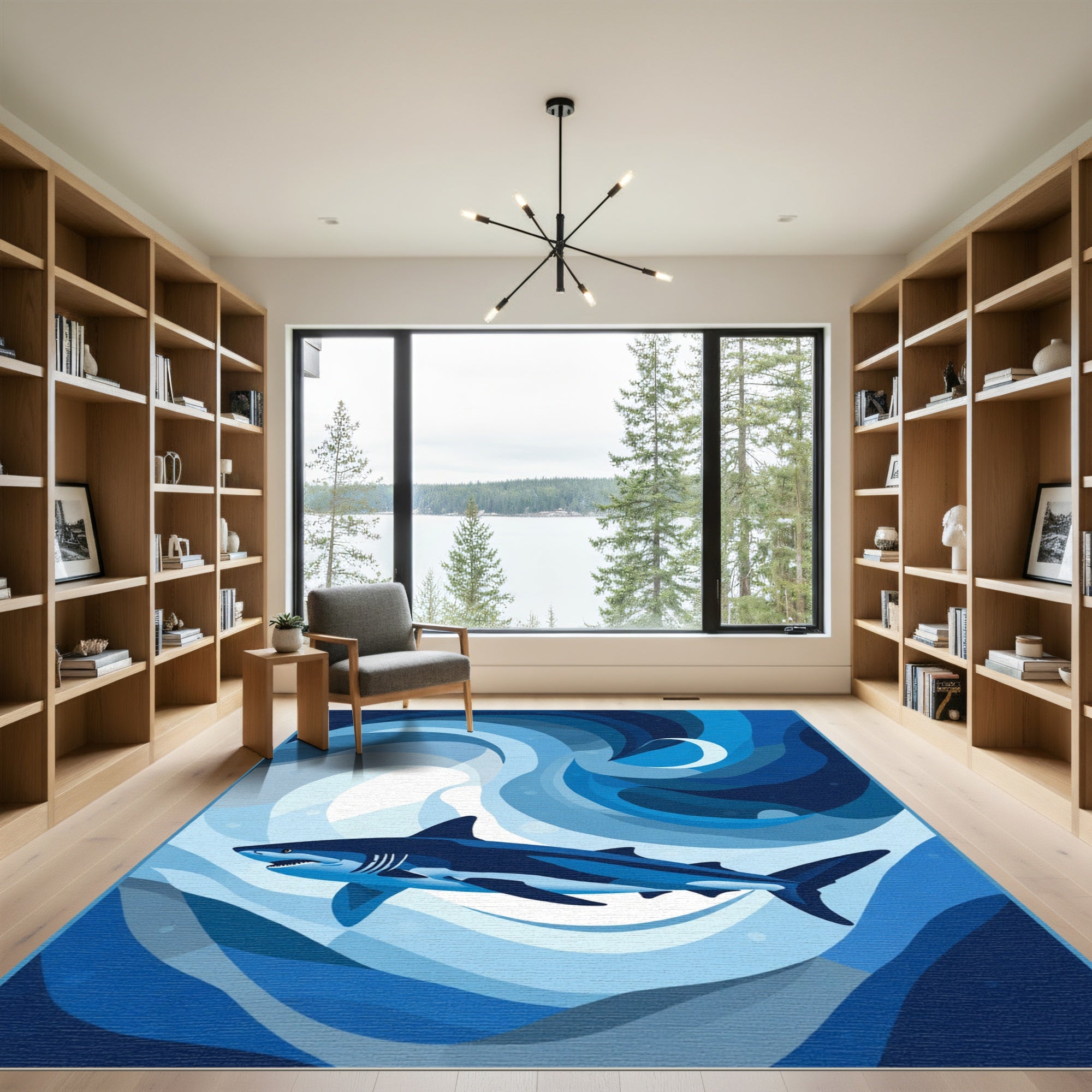 Deep Blue Shark In Swirling Ocean Rug