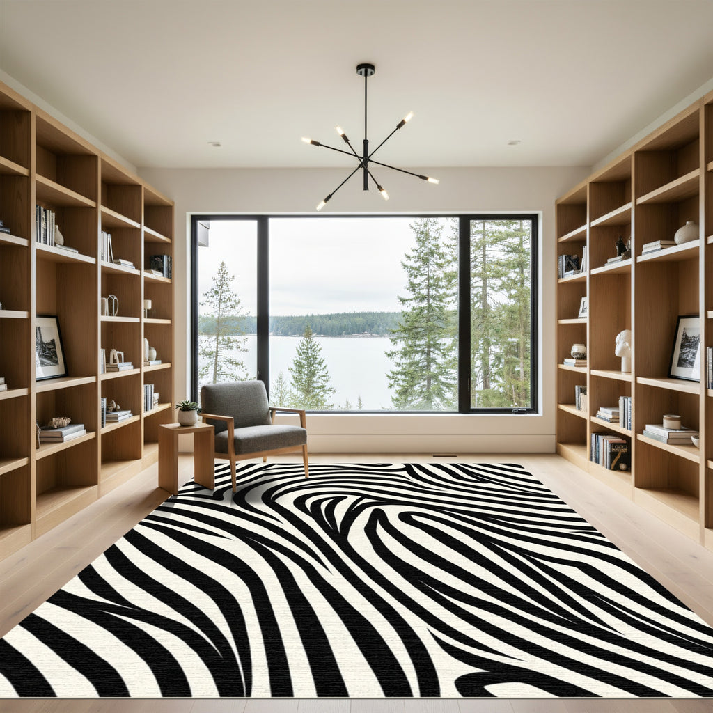Bold Black White Zebra Swirl Rug