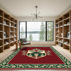 Regal Deer Crest Red Floral Border Rug