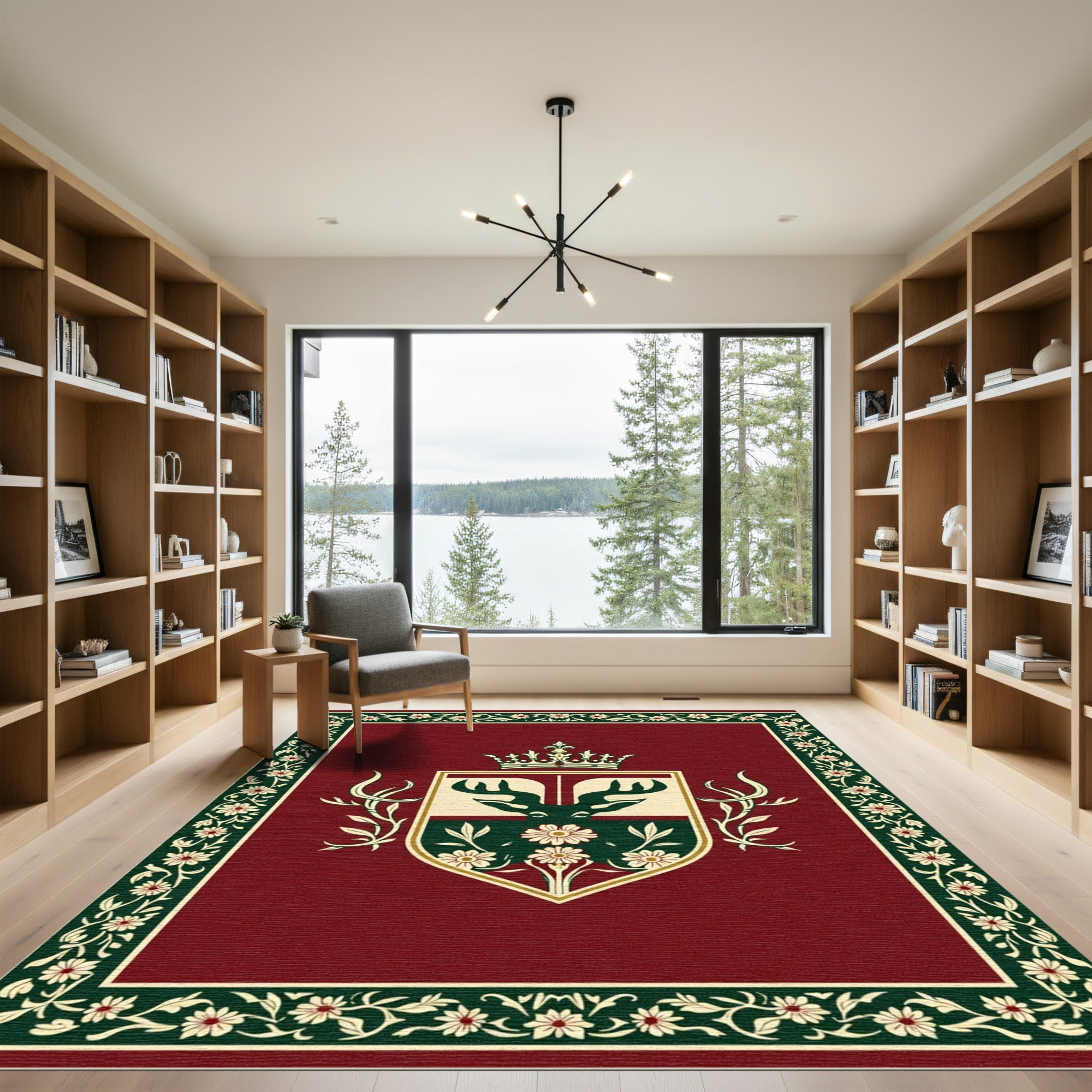 Regal Deer Crest Red Floral Border Rug