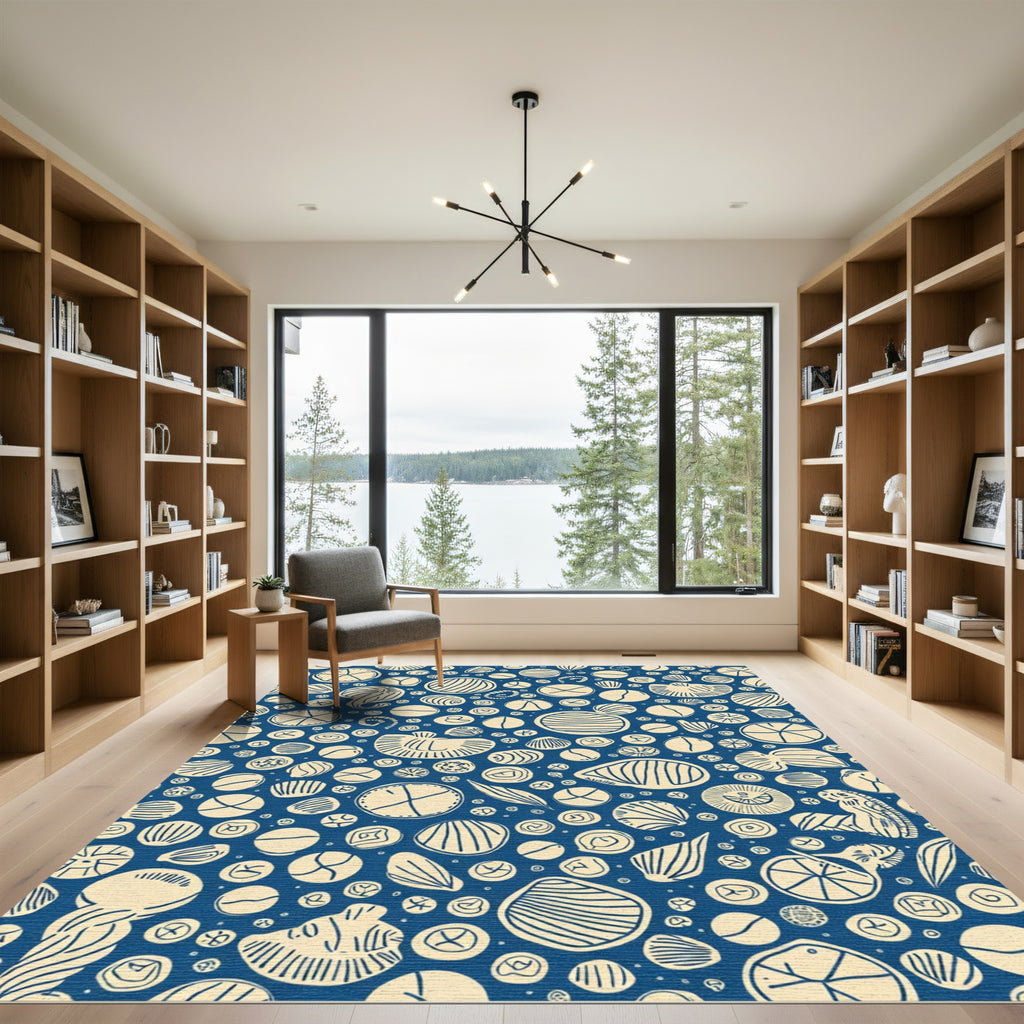 Deep Blue Cream Organic Circles Rug