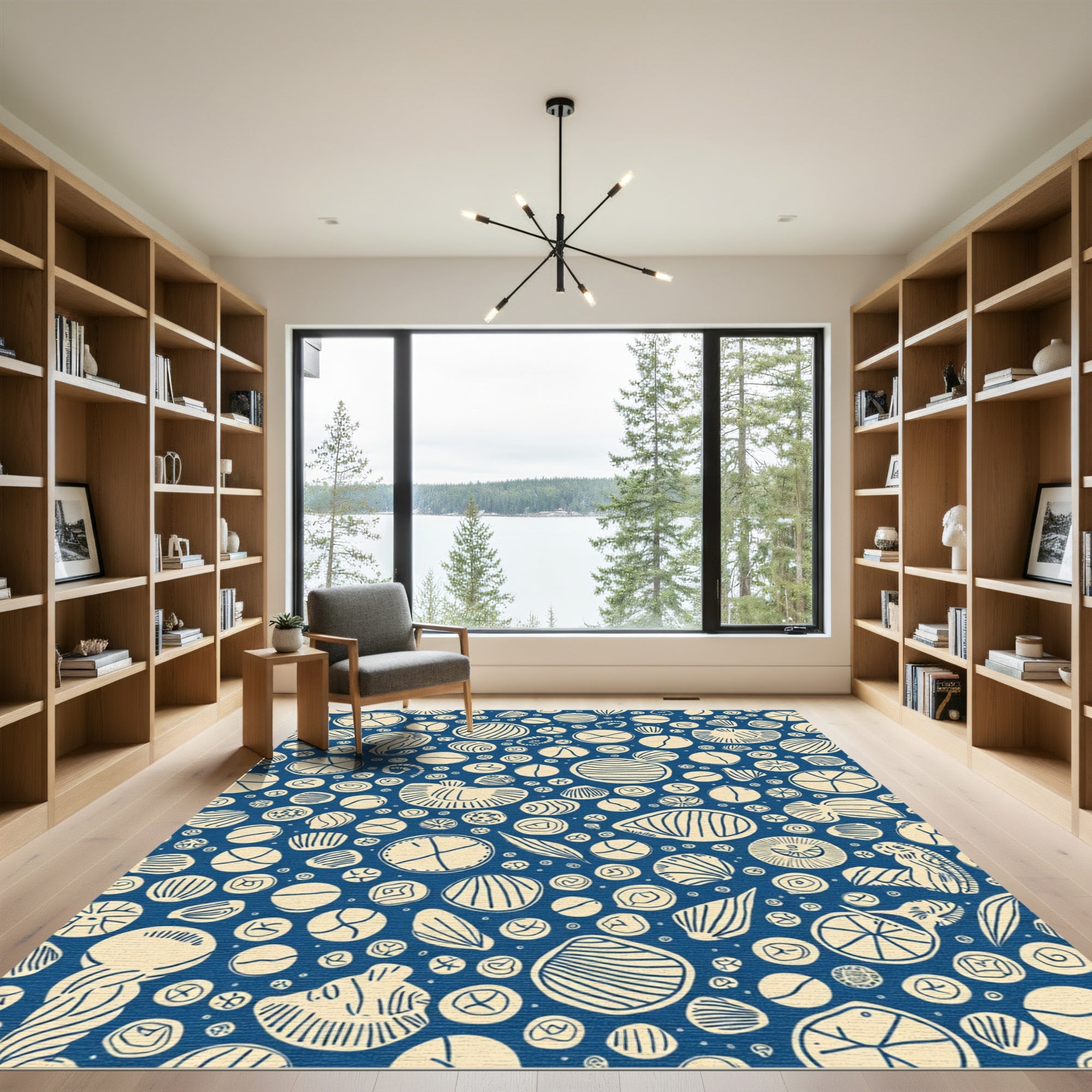 Deep Blue Cream Organic Circles Rug